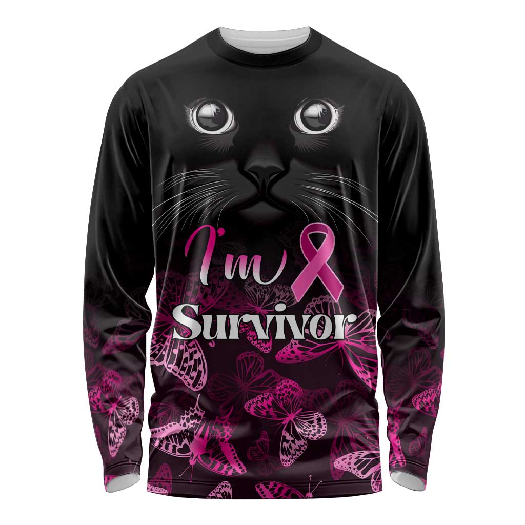 Personalised I Am A Survivor Long Sleeve Shirt Black Cat Breast Cancer Awareness LT01
