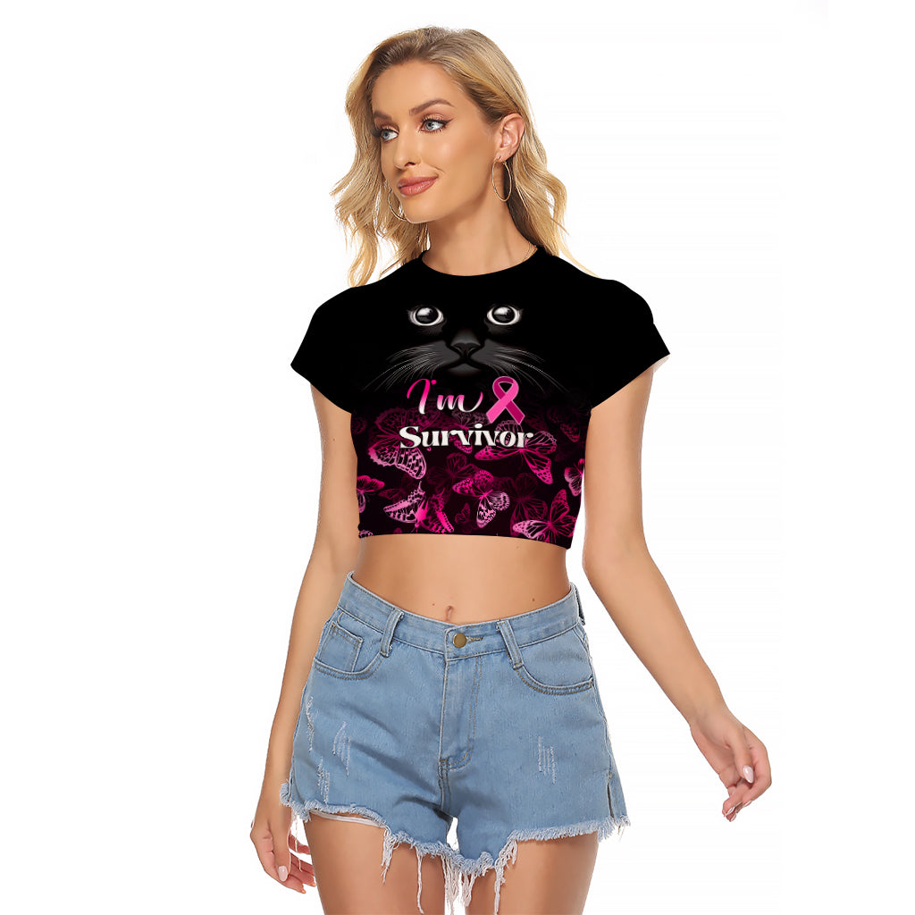 Personalised I Am A Survivor Raglan Cropped T Shirt Black Cat Breast Cancer Awareness - Wonder Print Shop
