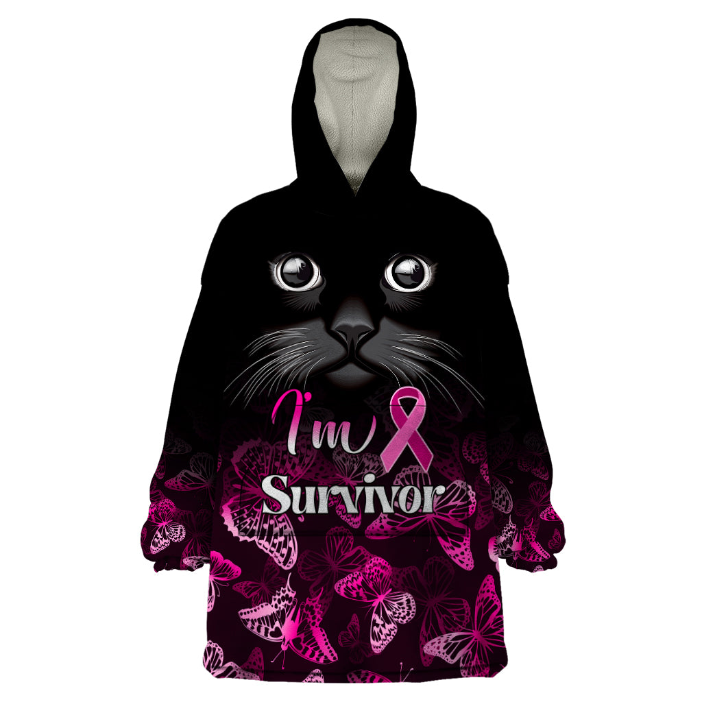 Personalised I Am A Survivor Wearable Blanket Hoodie Black Cat Breast Cancer Awareness - Wonder Print Shop