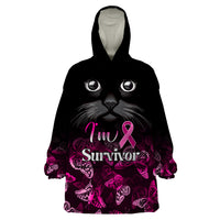 Personalised I Am A Survivor Wearable Blanket Hoodie Black Cat Breast Cancer Awareness - Wonder Print Shop