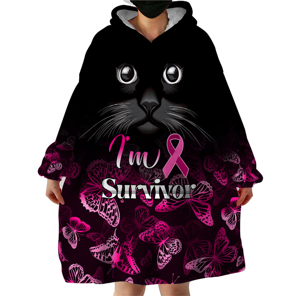 Personalised I Am A Survivor Wearable Blanket Hoodie Black Cat Breast Cancer Awareness - Wonder Print Shop