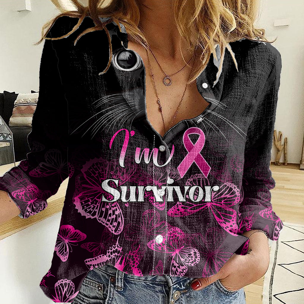 Personalised I Am A Survivor Women Casual Shirt Black Cat Breast Cancer Awareness - Wonder Print Shop