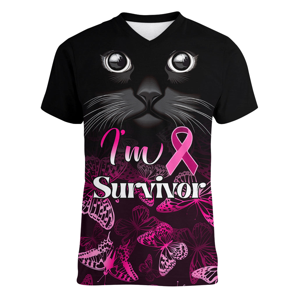 Personalised I Am A Survivor Women V Neck T Shirt Black Cat Breast Cancer Awareness - Wonder Print Shop
