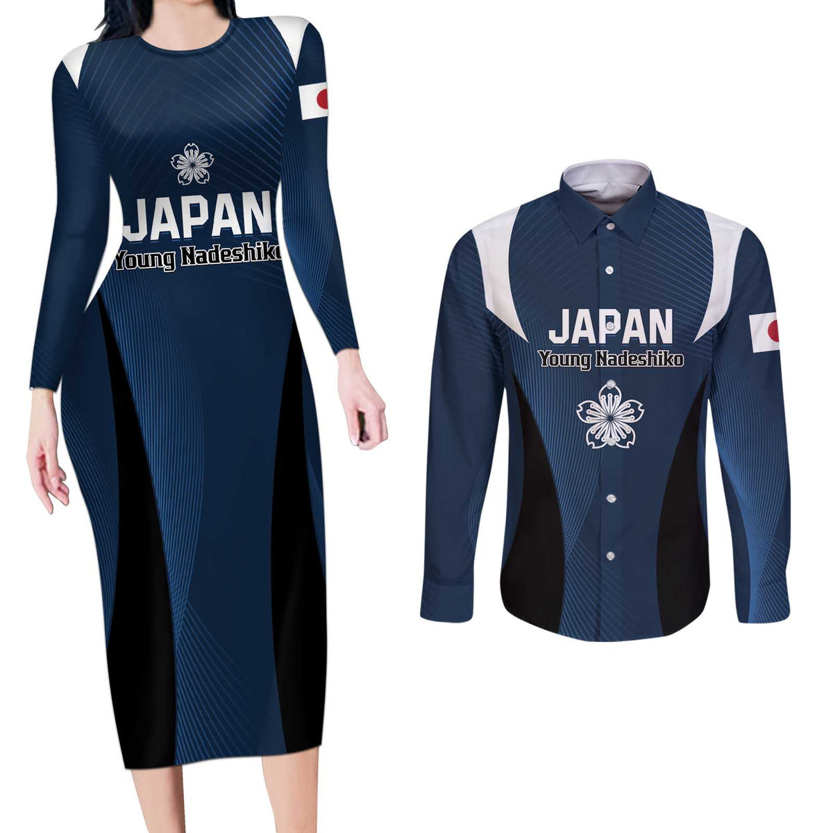 Custom Japan Football Couples Matching Long Sleeve Bodycon Dress and Long Sleeve Button Shirt Come On Young Nadeshiko - Wonder Print Shop