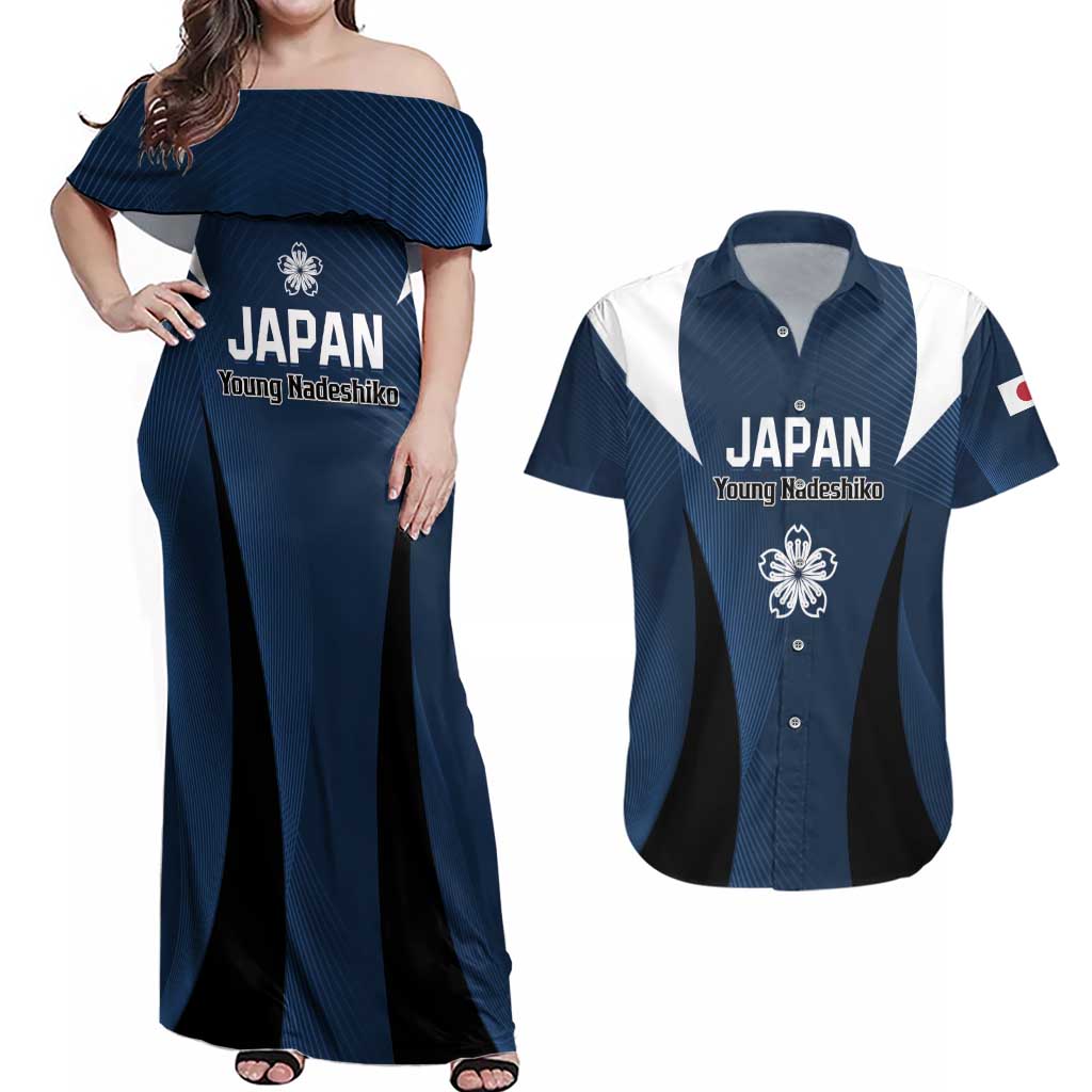 Custom Japan Football Couples Matching Off Shoulder Maxi Dress and Hawaiian Shirt Come On Young Nadeshiko - Wonder Print Shop