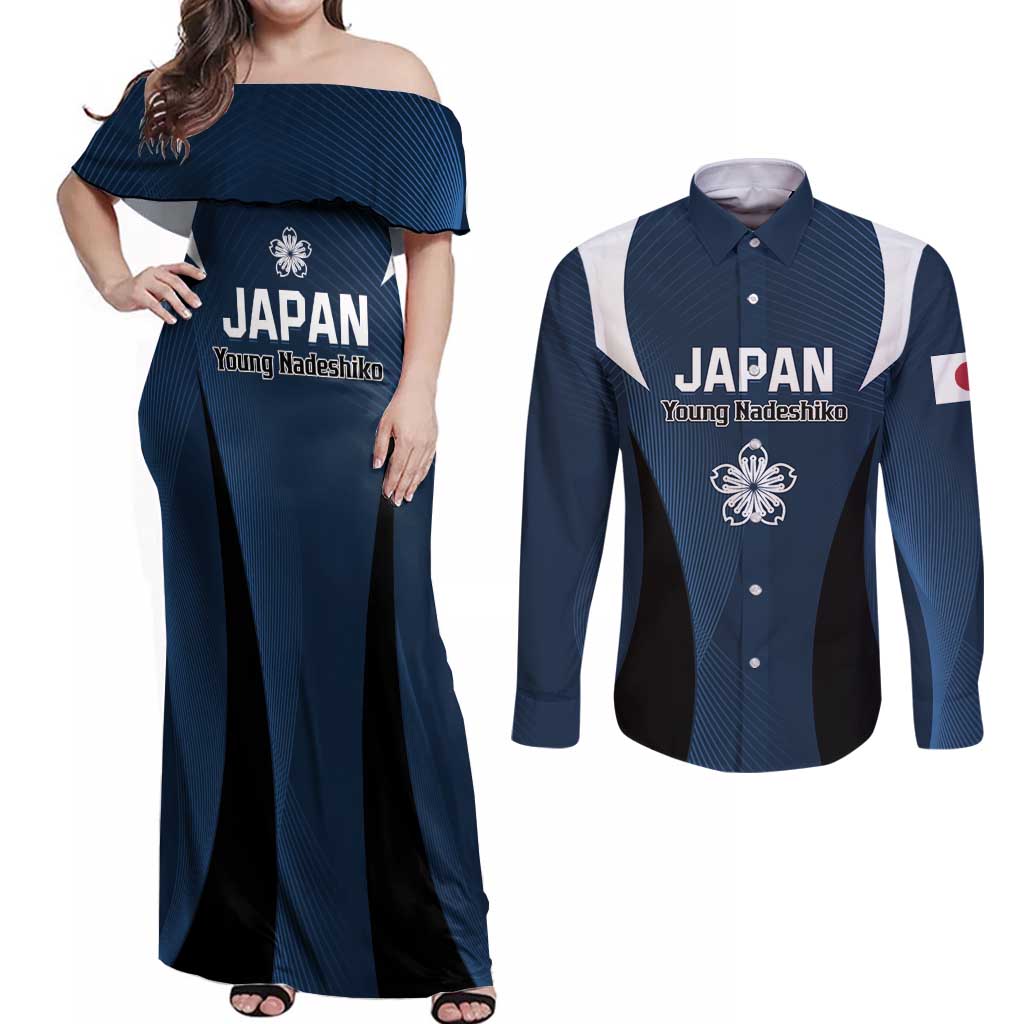 Custom Japan Football Couples Matching Off Shoulder Maxi Dress and Long Sleeve Button Shirt Come On Young Nadeshiko - Wonder Print Shop