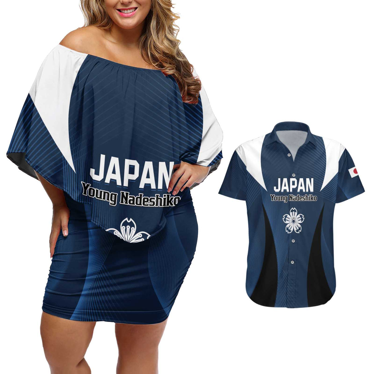 Custom Japan Football Couples Matching Off Shoulder Short Dress and Hawaiian Shirt Come On Young Nadeshiko - Wonder Print Shop
