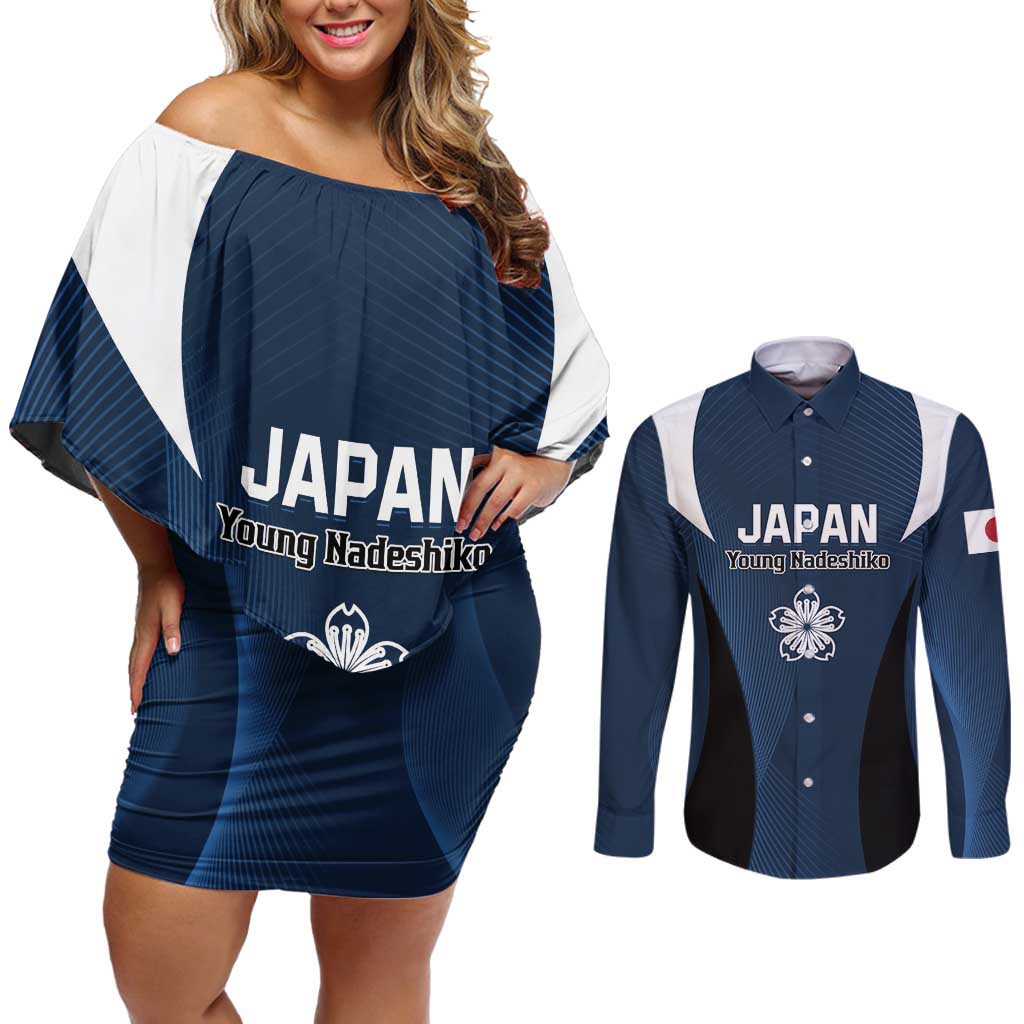 Custom Japan Football Couples Matching Off Shoulder Short Dress and Long Sleeve Button Shirt Come On Young Nadeshiko - Wonder Print Shop