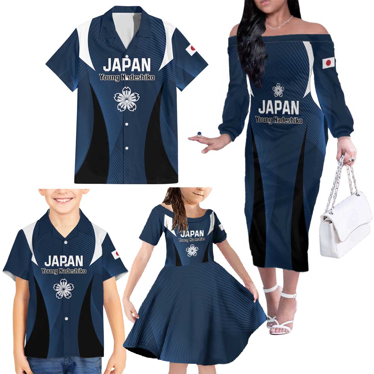 Custom Japan Football Family Matching Off The Shoulder Long Sleeve Dress and Hawaiian Shirt Come On Young Nadeshiko - Wonder Print Shop