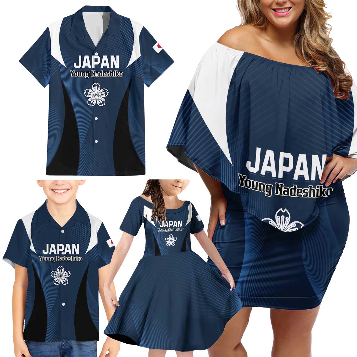 Custom Japan Football Family Matching Off Shoulder Short Dress and Hawaiian Shirt Come On Young Nadeshiko - Wonder Print Shop