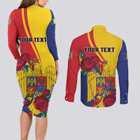 Personalized Romania Independence Day Couples Matching Long Sleeve Bodycon Dress and Long Sleeve Button Shirt Golden Eagle With Roses - Wonder Print Shop