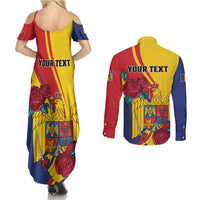 Personalized Romania Independence Day Couples Matching Summer Maxi Dress and Long Sleeve Button Shirt Golden Eagle With Roses - Wonder Print Shop