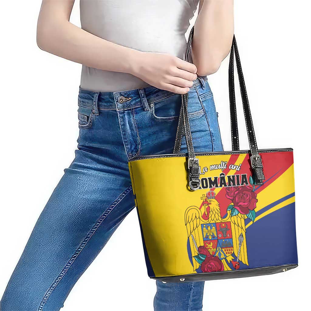 Personalized Romania Independence Day Leather Tote Bag Golden Eagle With Roses - Wonder Print Shop