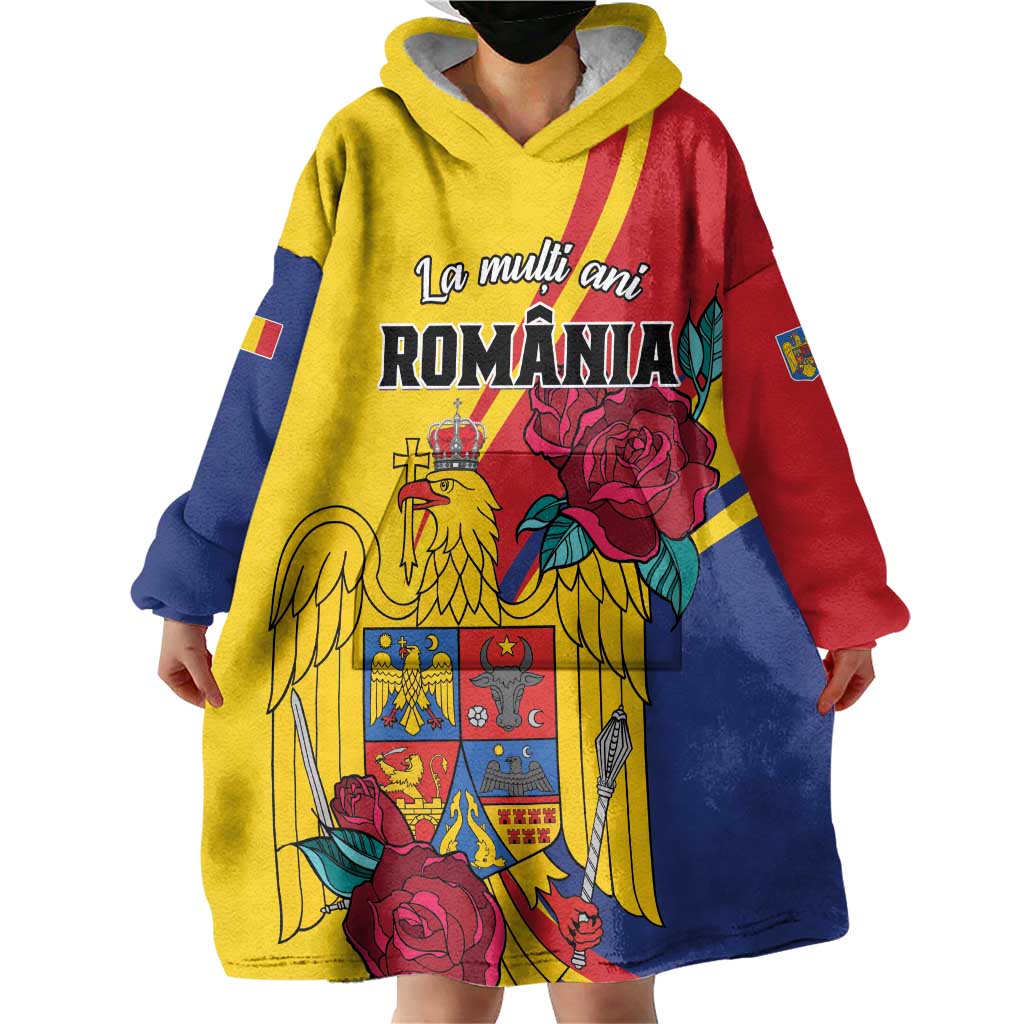 Personalized Romania Independence Day Wearable Blanket Hoodie Golden Eagle With Roses - Wonder Print Shop