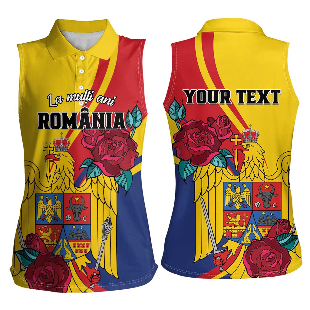 Personalized Romania Independence Day Women Sleeveless Polo Shirt Golden Eagle With Roses - Wonder Print Shop