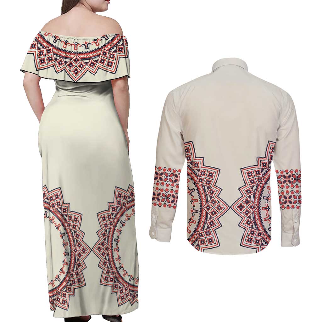 Romanian Traditional Pattern Couples Matching Off Shoulder Maxi Dress and Long Sleeve Button Shirt Unique - Wonder Print Shop