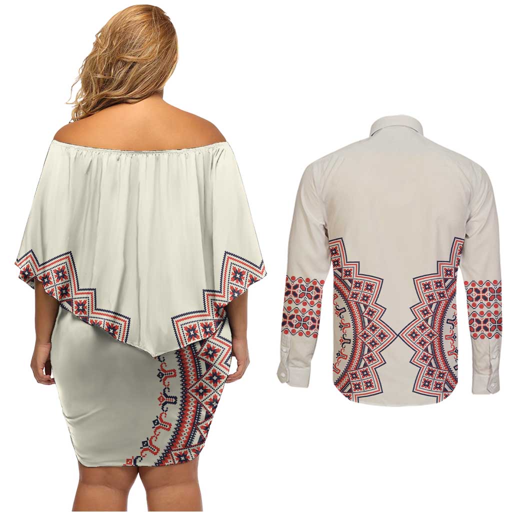 Romanian Traditional Pattern Couples Matching Off Shoulder Short Dress and Long Sleeve Button Shirt Unique - Wonder Print Shop