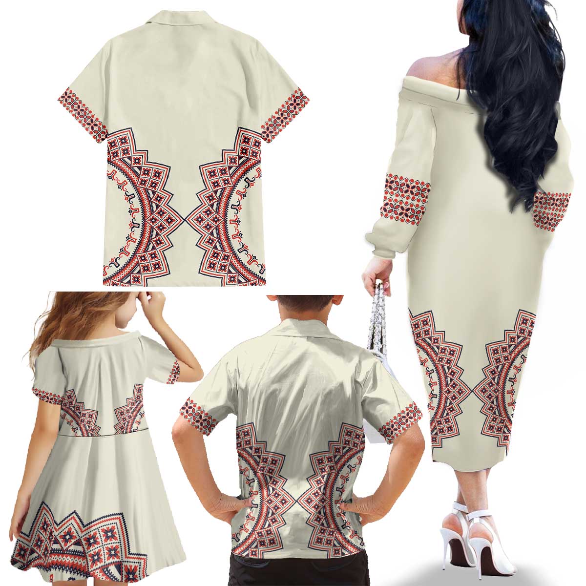 Romanian Traditional Pattern Family Matching Off The Shoulder Long Sleeve Dress and Hawaiian Shirt Unique - Wonder Print Shop