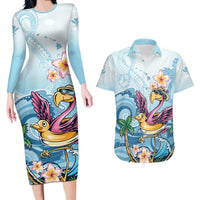 Hawaii Flamingo Couples Matching Long Sleeve Bodycon Dress and Hawaiian Shirt Plumeria Tropical Beach - Wonder Print Shop