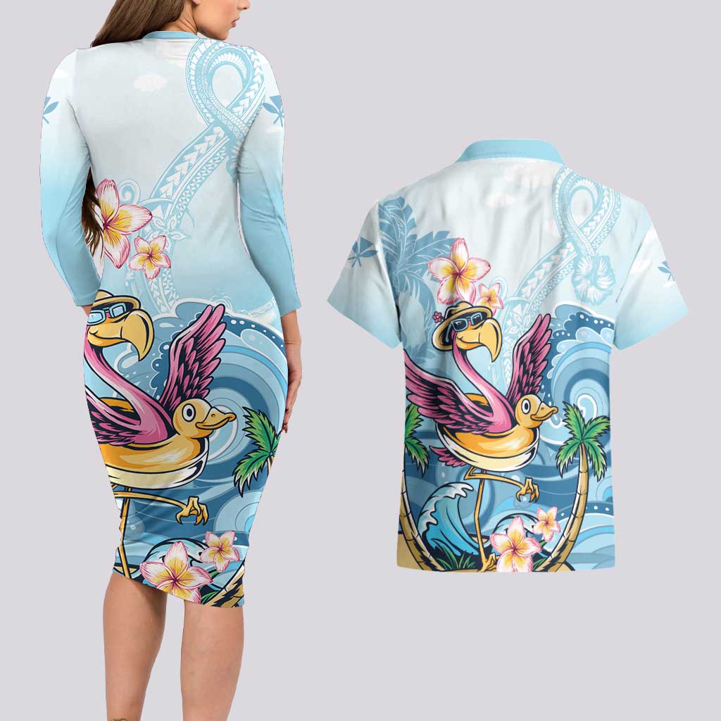 Hawaii Flamingo Couples Matching Long Sleeve Bodycon Dress and Hawaiian Shirt Plumeria Tropical Beach - Wonder Print Shop