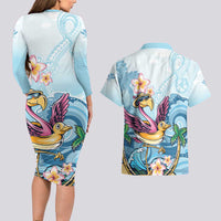 Hawaii Flamingo Couples Matching Long Sleeve Bodycon Dress and Hawaiian Shirt Plumeria Tropical Beach - Wonder Print Shop