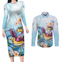 Hawaii Flamingo Couples Matching Long Sleeve Bodycon Dress and Long Sleeve Button Shirt Plumeria Tropical Beach - Wonder Print Shop