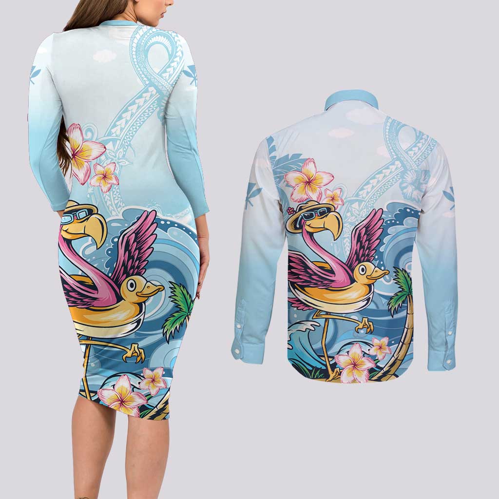 Hawaii Flamingo Couples Matching Long Sleeve Bodycon Dress and Long Sleeve Button Shirt Plumeria Tropical Beach - Wonder Print Shop