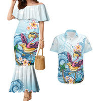 Hawaii Flamingo Couples Matching Mermaid Dress and Hawaiian Shirt Plumeria Tropical Beach - Wonder Print Shop