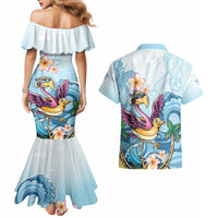 Hawaii Flamingo Couples Matching Mermaid Dress and Hawaiian Shirt Plumeria Tropical Beach - Wonder Print Shop