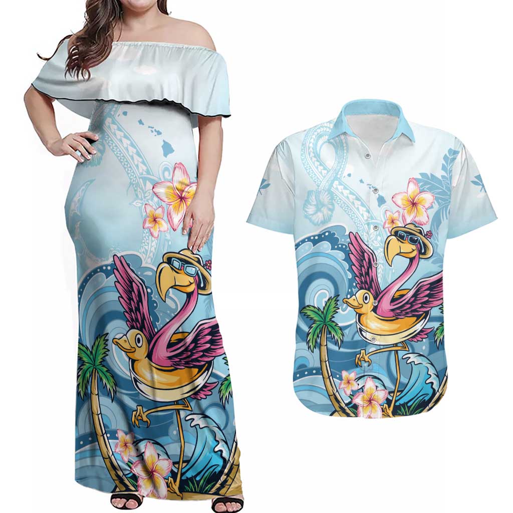 Hawaii Flamingo Couples Matching Off Shoulder Maxi Dress and Hawaiian Shirt Plumeria Tropical Beach - Wonder Print Shop