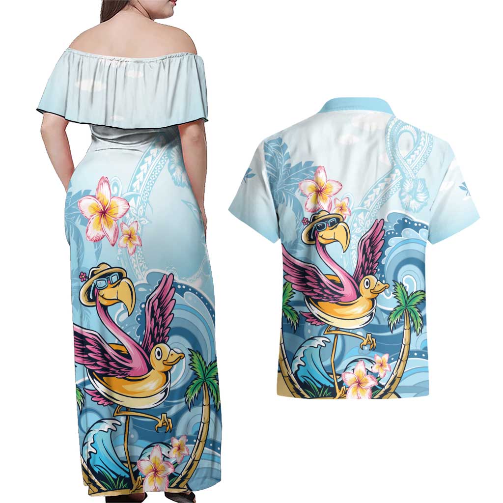 Hawaii Flamingo Couples Matching Off Shoulder Maxi Dress and Hawaiian Shirt Plumeria Tropical Beach - Wonder Print Shop