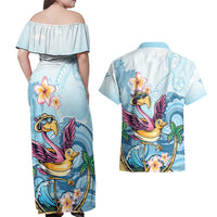 Hawaii Flamingo Couples Matching Off Shoulder Maxi Dress and Hawaiian Shirt Plumeria Tropical Beach - Wonder Print Shop