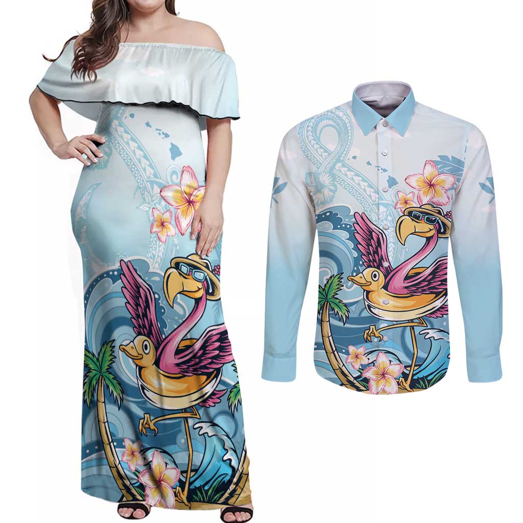Hawaii Flamingo Couples Matching Off Shoulder Maxi Dress and Long Sleeve Button Shirt Plumeria Tropical Beach - Wonder Print Shop