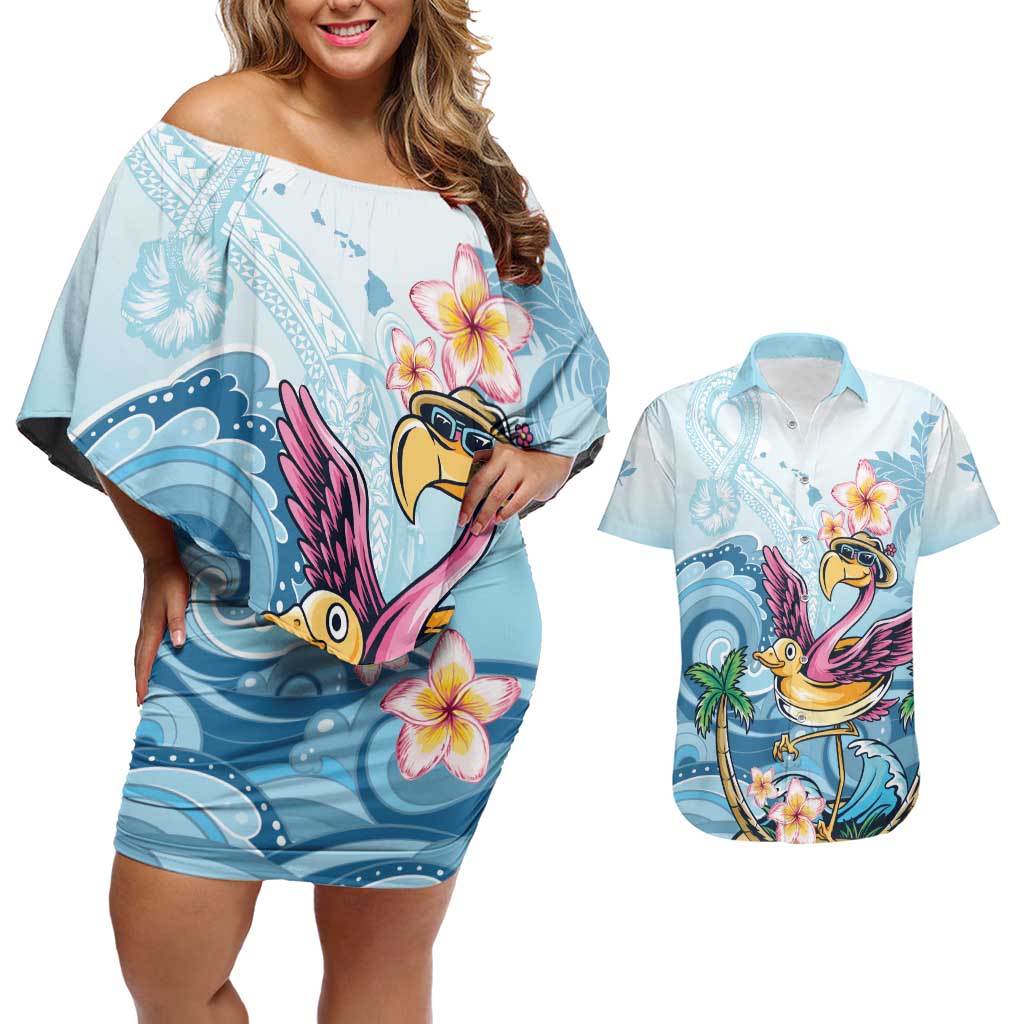 Hawaii Flamingo Couples Matching Off Shoulder Short Dress and Hawaiian Shirt Plumeria Tropical Beach - Wonder Print Shop