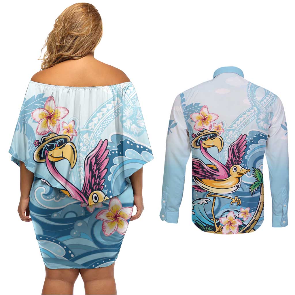 Hawaii Flamingo Couples Matching Off Shoulder Short Dress and Long Sleeve Button Shirt Plumeria Tropical Beach - Wonder Print Shop