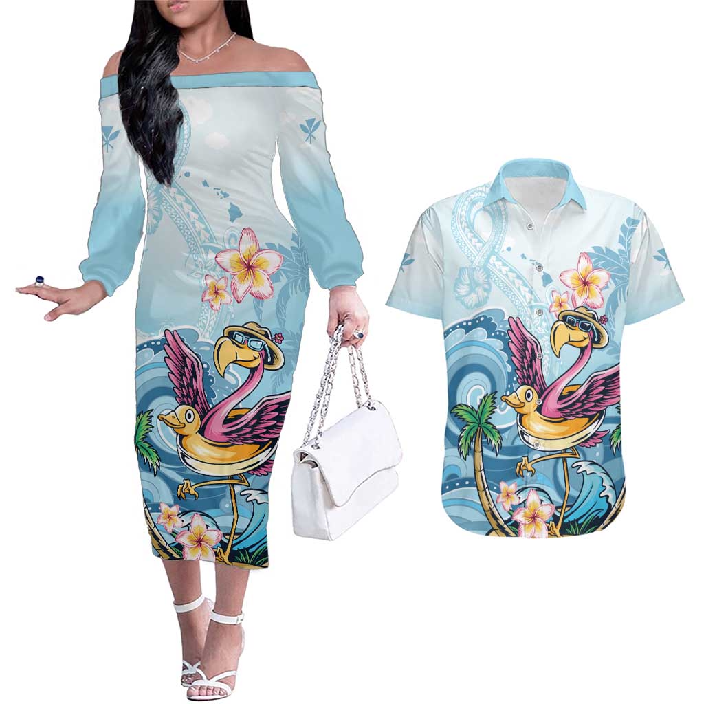Hawaii Flamingo Couples Matching Off The Shoulder Long Sleeve Dress and Hawaiian Shirt Plumeria Tropical Beach - Wonder Print Shop