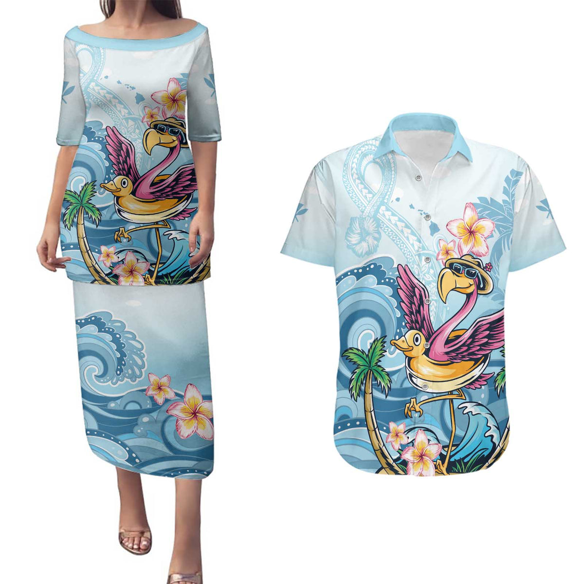 Hawaii Flamingo Couples Matching Puletasi and Hawaiian Shirt Plumeria Tropical Beach - Wonder Print Shop