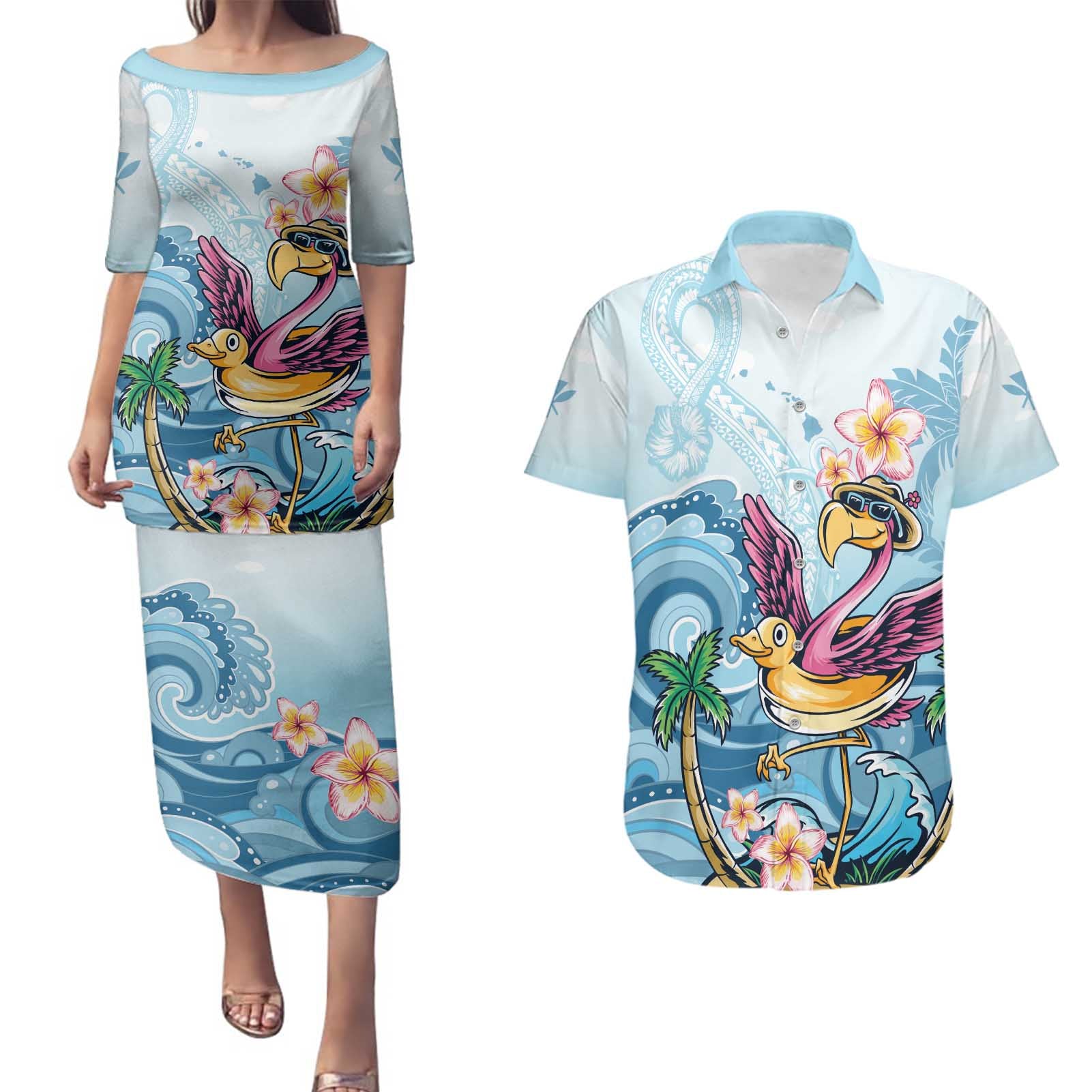 Hawaii Flamingo Couples Matching Puletasi and Hawaiian Shirt Plumeria Tropical Beach - Wonder Print Shop