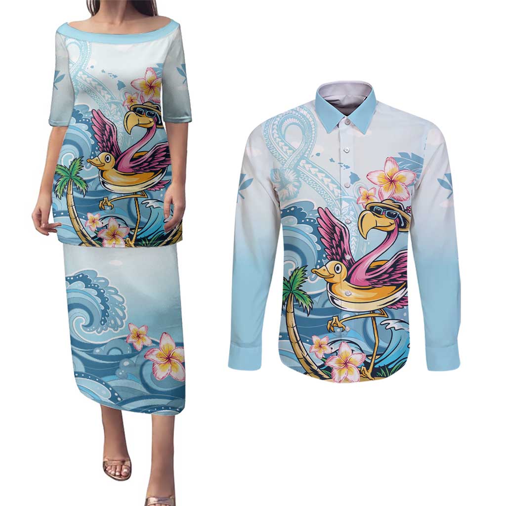Hawaii Flamingo Couples Matching Puletasi and Long Sleeve Button Shirt Plumeria Tropical Beach - Wonder Print Shop