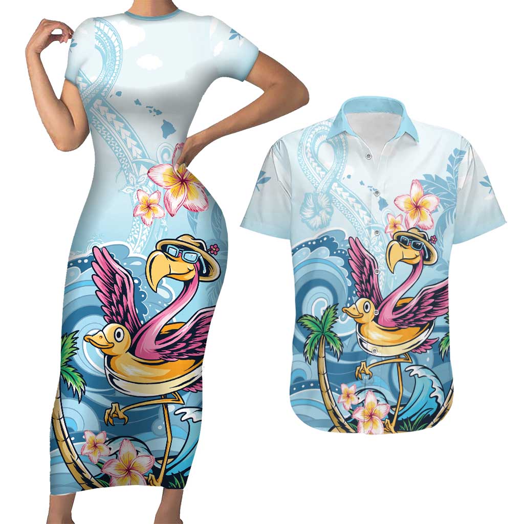 Hawaii Flamingo Couples Matching Short Sleeve Bodycon Dress and Hawaiian Shirt Plumeria Tropical Beach - Wonder Print Shop
