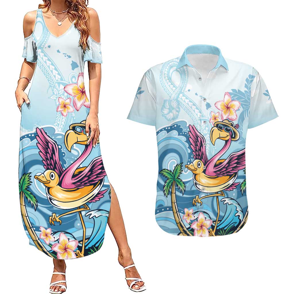 Hawaii Flamingo Couples Matching Summer Maxi Dress and Hawaiian Shirt Plumeria Tropical Beach - Wonder Print Shop