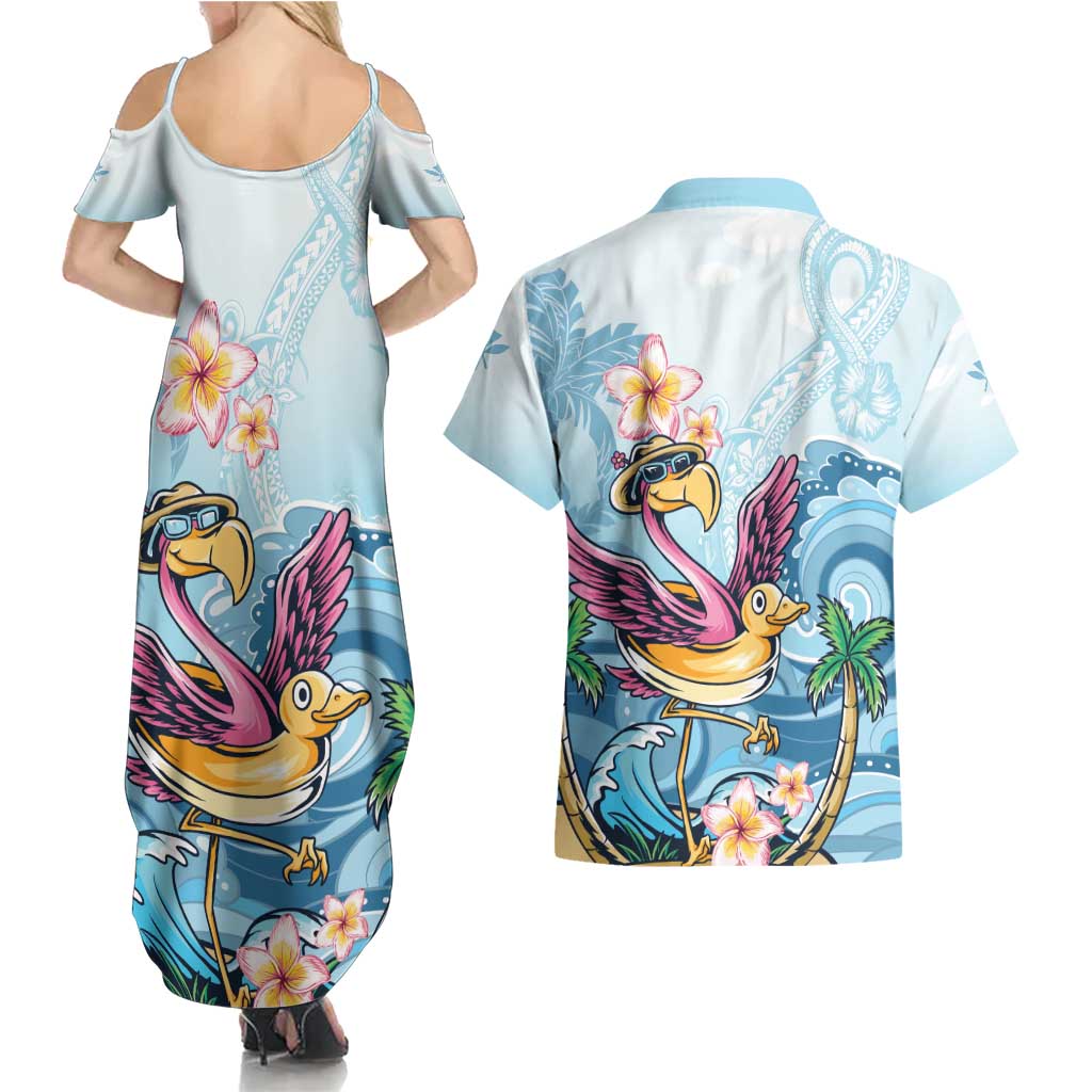 Hawaii Flamingo Couples Matching Summer Maxi Dress and Hawaiian Shirt Plumeria Tropical Beach - Wonder Print Shop