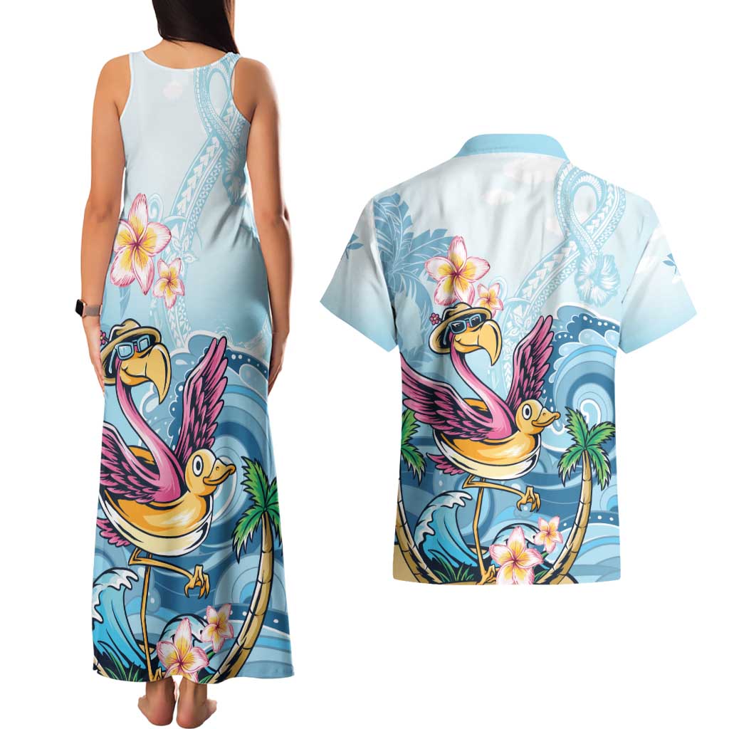 Hawaii Flamingo Couples Matching Tank Maxi Dress and Hawaiian Shirt Plumeria Tropical Beach - Wonder Print Shop