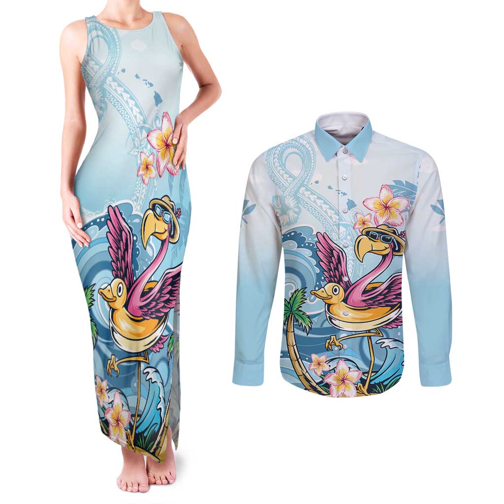 Hawaii Flamingo Couples Matching Tank Maxi Dress and Long Sleeve Button Shirt Plumeria Tropical Beach - Wonder Print Shop