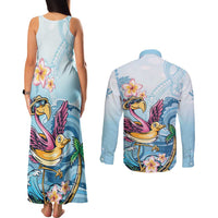 Hawaii Flamingo Couples Matching Tank Maxi Dress and Long Sleeve Button Shirt Plumeria Tropical Beach - Wonder Print Shop
