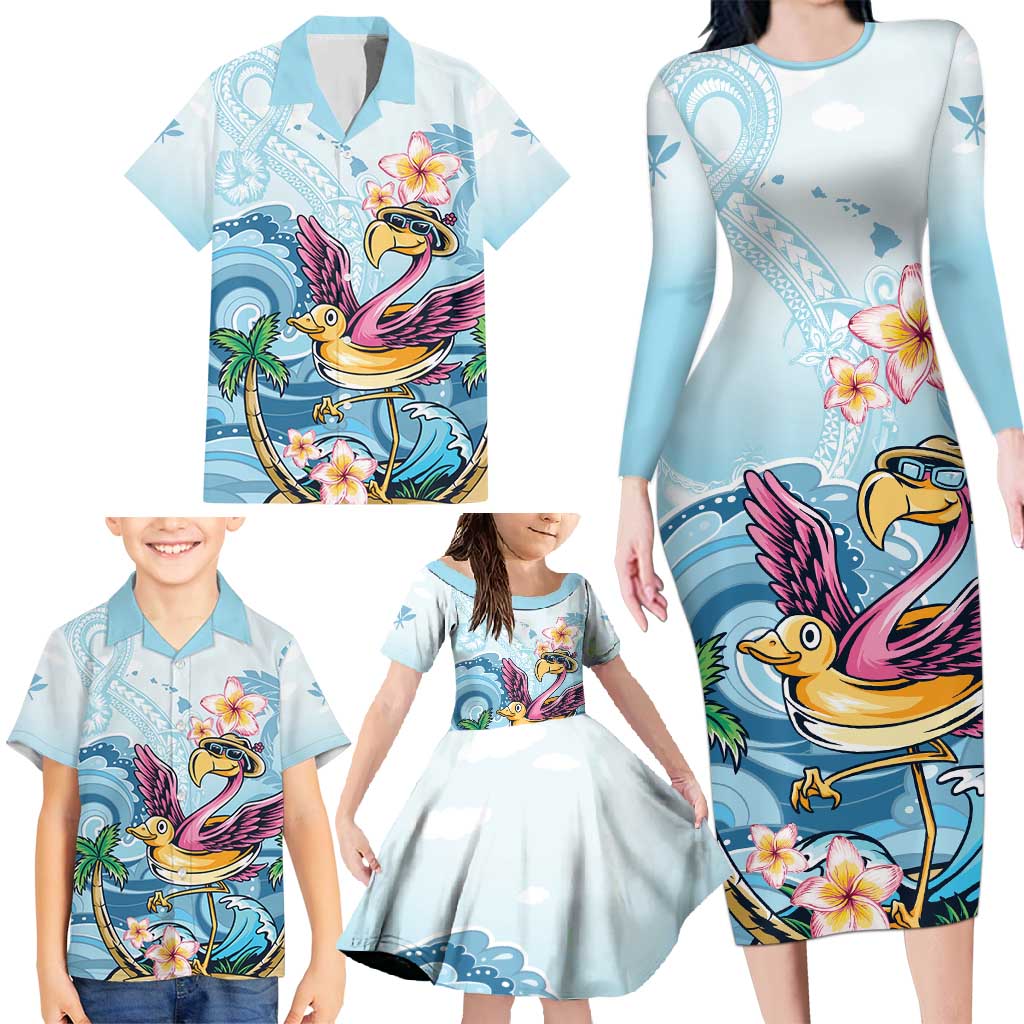 Hawaii Flamingo Family Matching Long Sleeve Bodycon Dress and Hawaiian Shirt Plumeria Tropical Beach - Wonder Print Shop