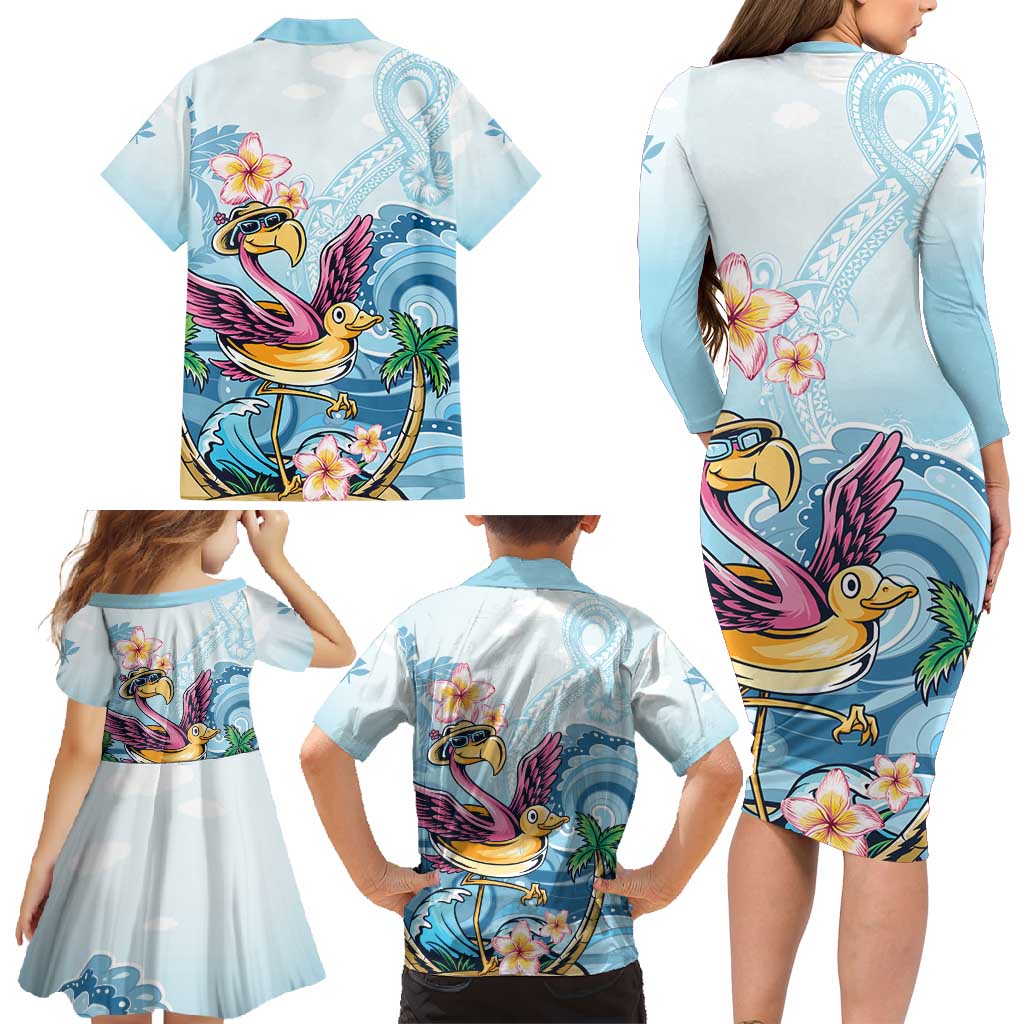 Hawaii Flamingo Family Matching Long Sleeve Bodycon Dress and Hawaiian Shirt Plumeria Tropical Beach - Wonder Print Shop