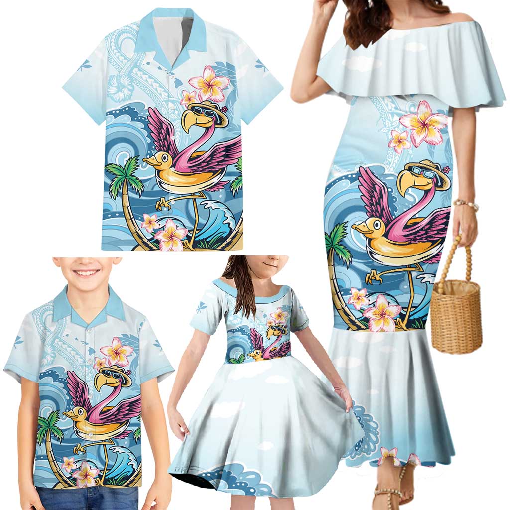 Hawaii Flamingo Family Matching Mermaid Dress and Hawaiian Shirt Plumeria Tropical Beach - Wonder Print Shop