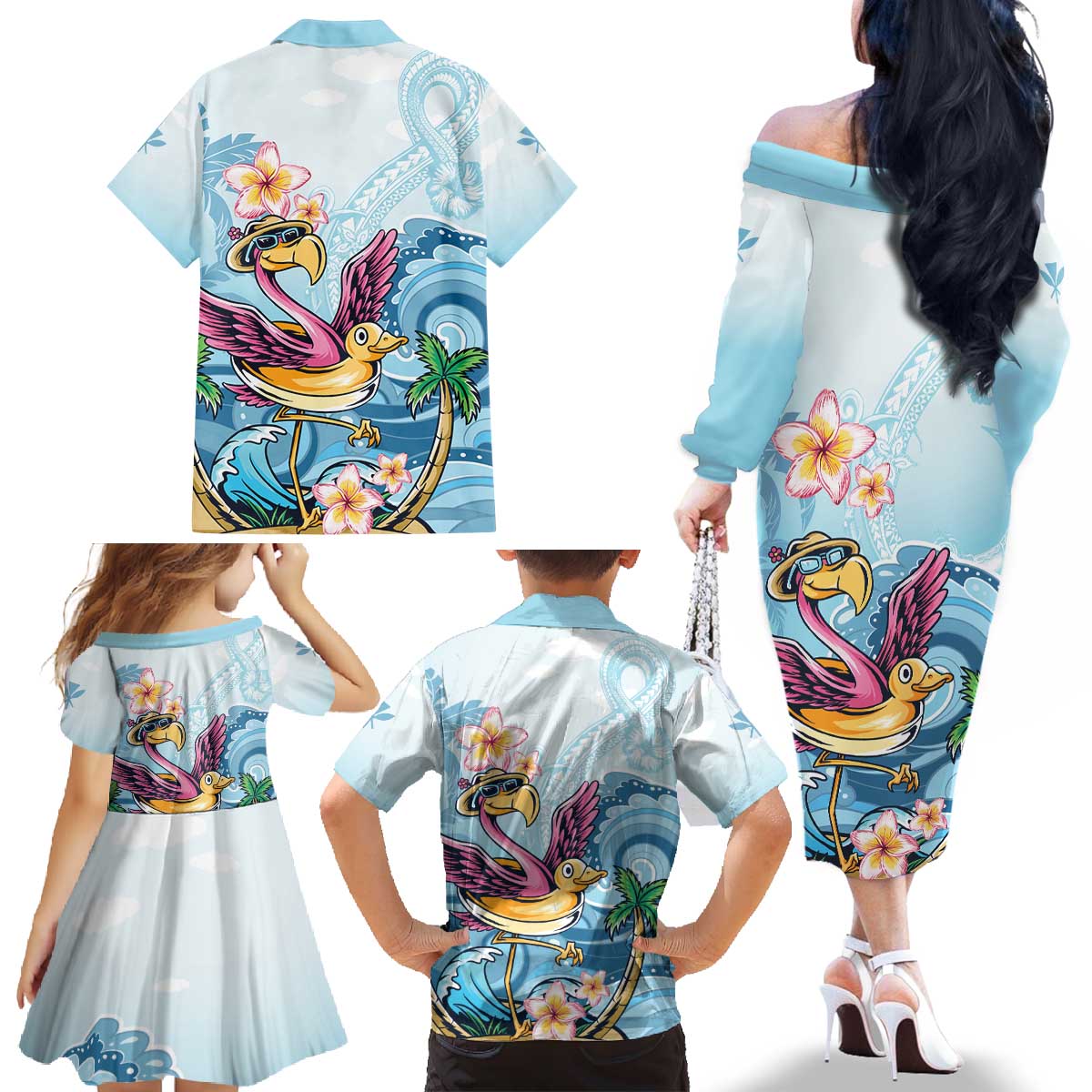 Hawaii Flamingo Family Matching Off The Shoulder Long Sleeve Dress and Hawaiian Shirt Plumeria Tropical Beach - Wonder Print Shop