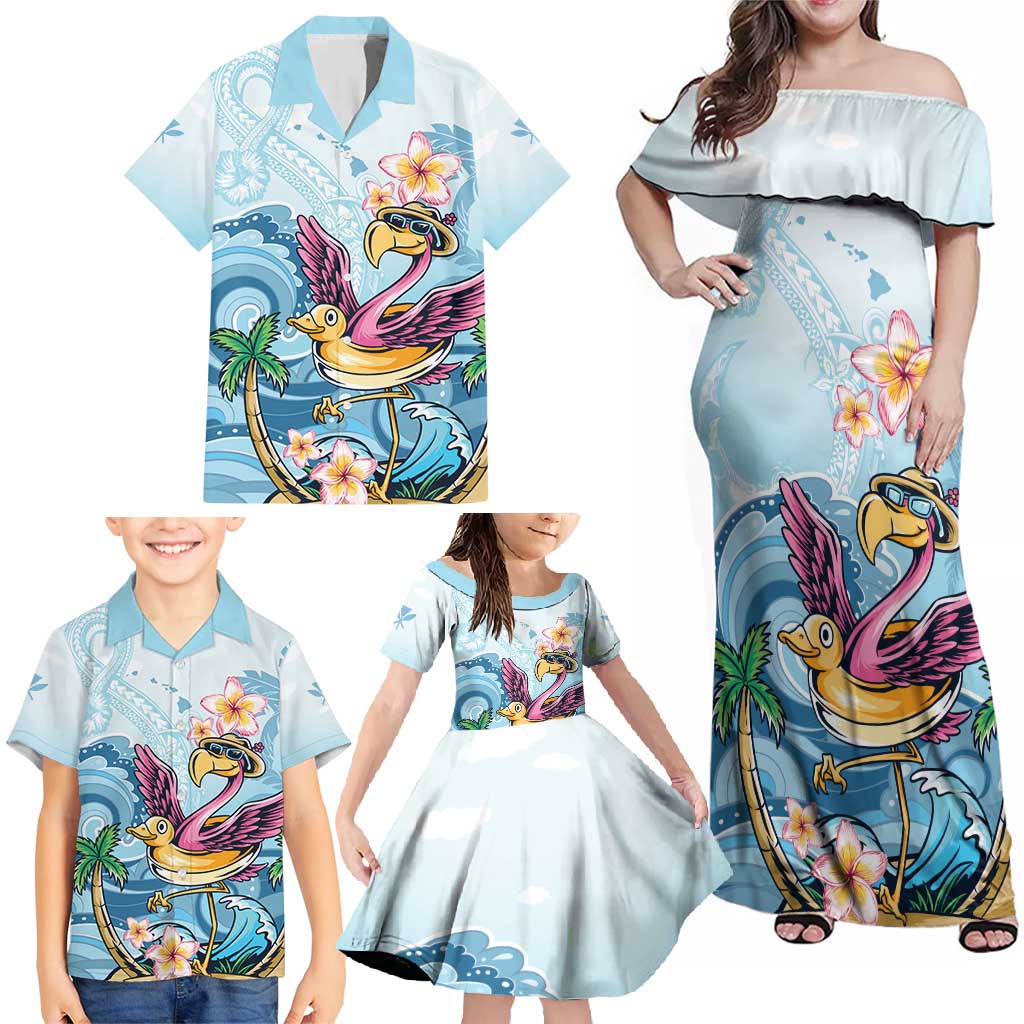 Hawaii Flamingo Family Matching Off Shoulder Maxi Dress and Hawaiian Shirt Plumeria Tropical Beach - Wonder Print Shop